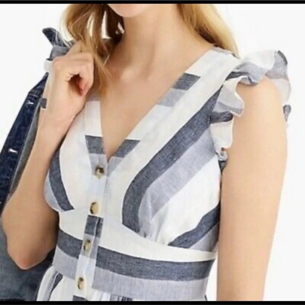 J Crew Point Sur Indigo Striped 100% Linen Midi Dress Button Resort Women’s US 6